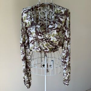 Skemo Y2K Camo Wrap Crop Top Beaded Sheer Boho Festival Tie Waist SZ M